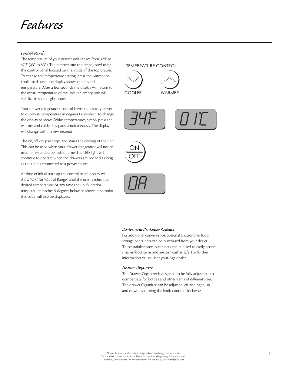 Features, On off | Aga Ranges 60RDA 115V User Manual | Page 5 / 12