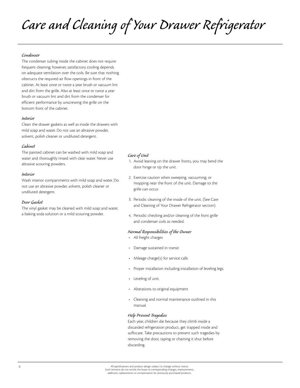 Care and cleaning of your drawer refrigerator | Aga Ranges 60RDA 115V User Manual | Page 6 / 12