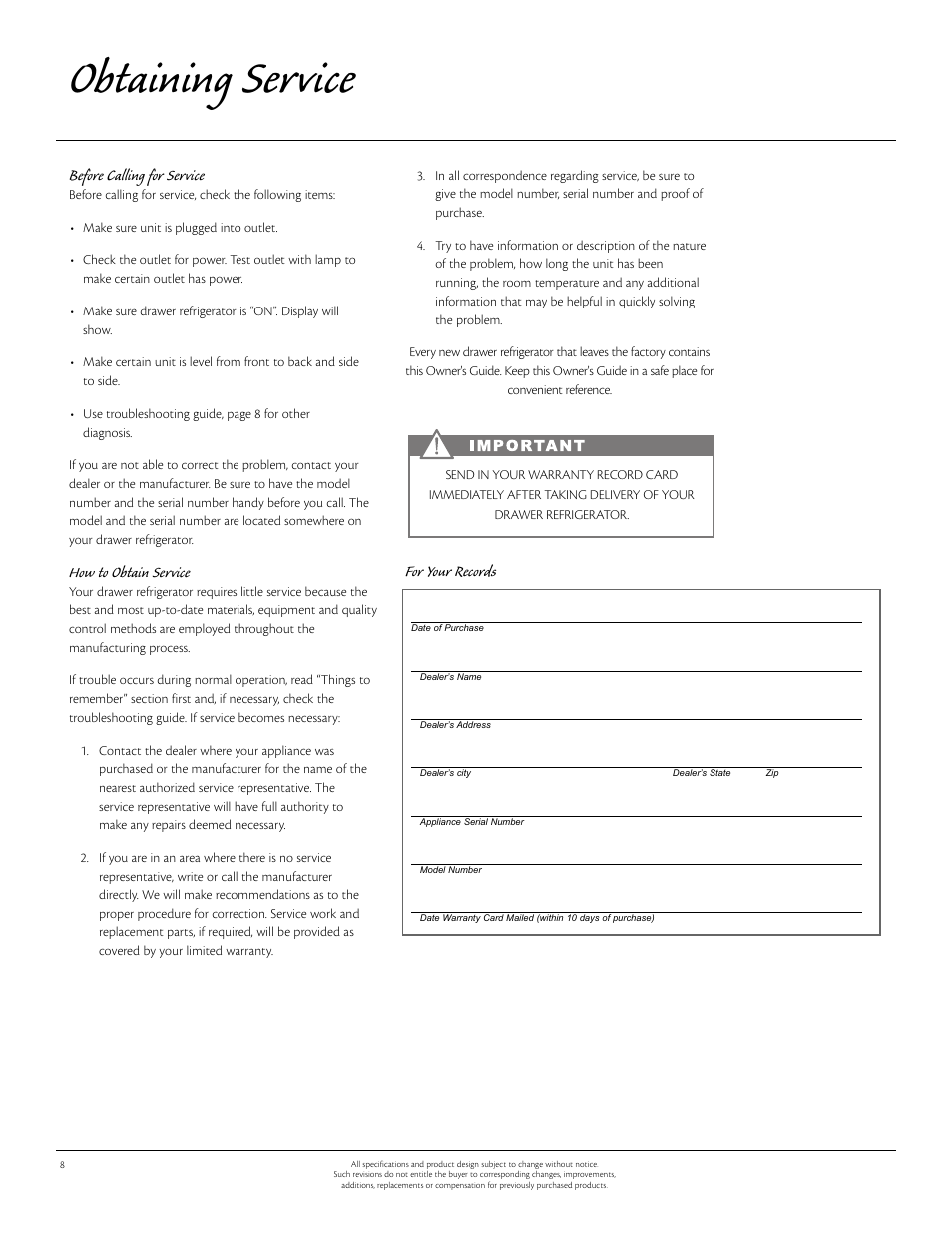 Obtaining service, Before calling for service, How to obtain service | For your records | Aga Ranges 60RDA 115V User Manual | Page 8 / 12