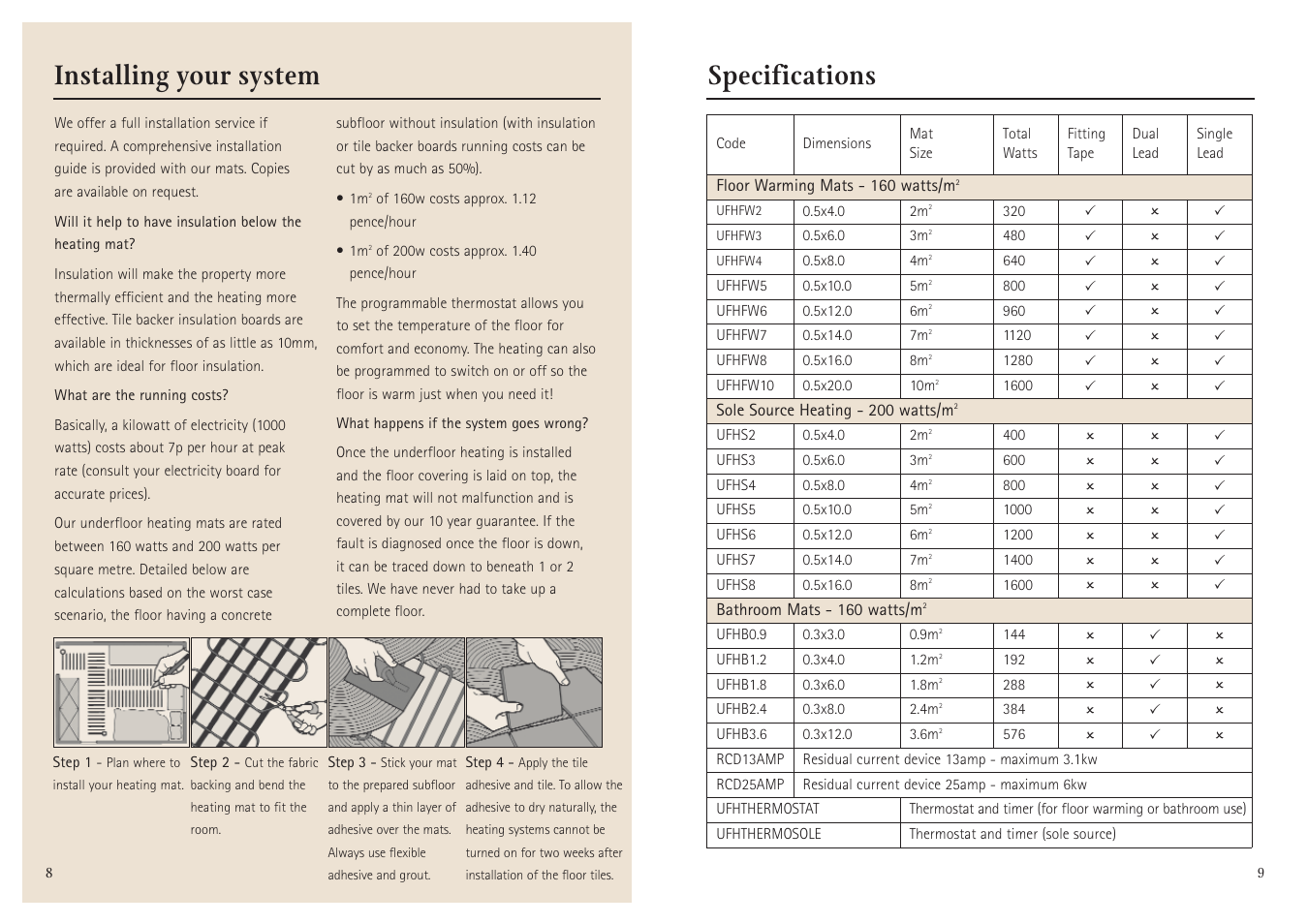 Installing your system, Specifications | Aga Ranges Fired Earth Underfloor Heating User Manual | Page 5 / 6