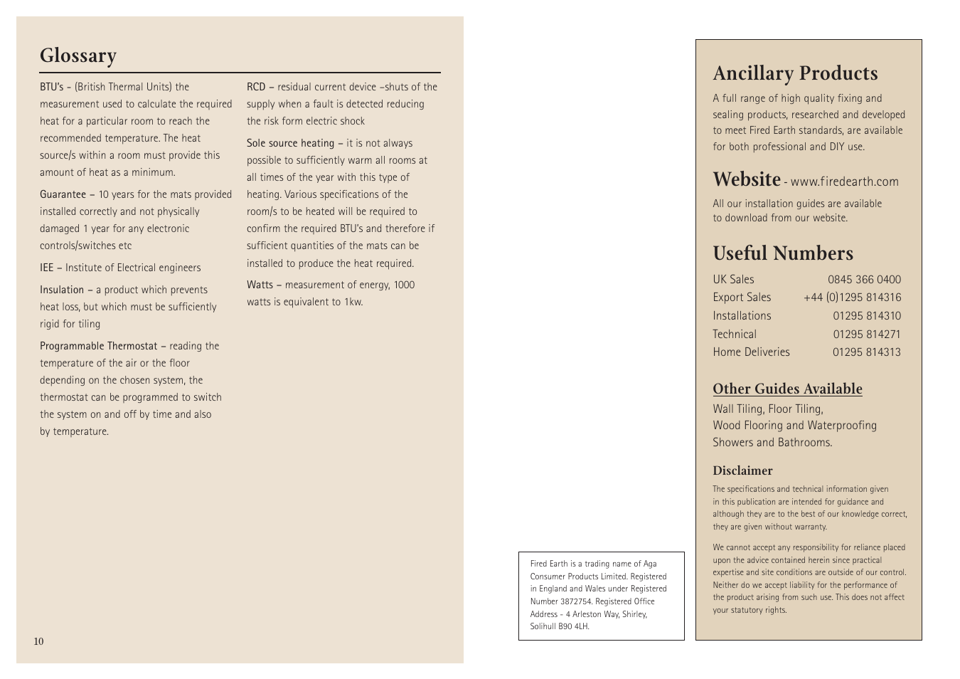 Ancillary products, Website, Useful numbers | Glossary, Other guides available | Aga Ranges Fired Earth Underfloor Heating User Manual | Page 6 / 6