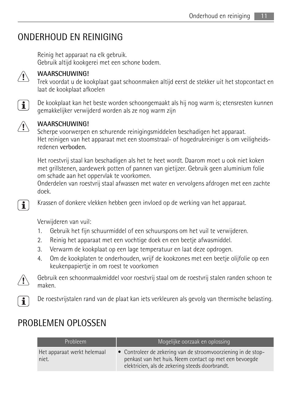 Onderhoud en reiniging, Problemen oplossen | AEG HK312000H User Manual | Page 11 / 52