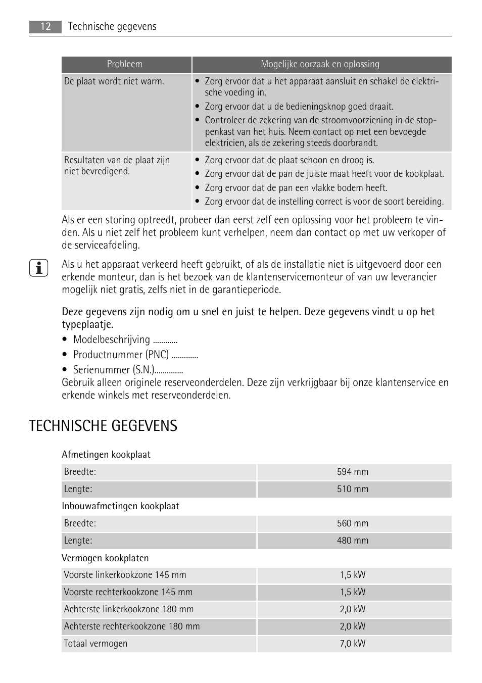Technische gegevens | AEG HK312000H User Manual | Page 12 / 52