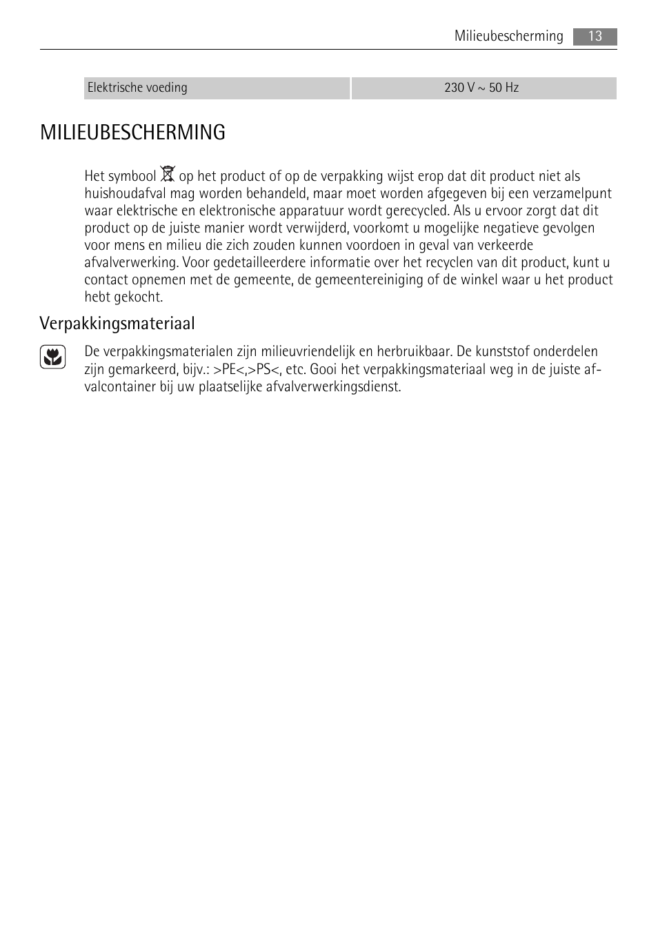 Milieubescherming, Verpakkingsmateriaal | AEG HK312000H User Manual | Page 13 / 52