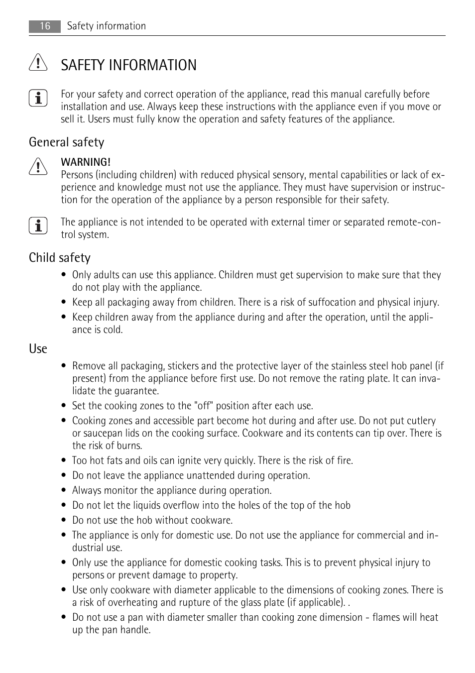 Safety information, General safety, Child safety | AEG HK312000H User Manual | Page 16 / 52