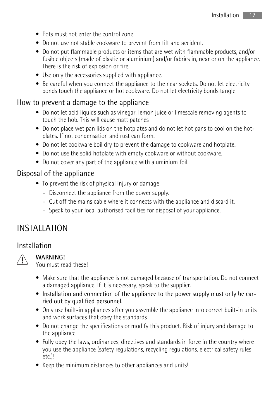 Installation, How to prevent a damage to the appliance, Disposal of the appliance | AEG HK312000H User Manual | Page 17 / 52