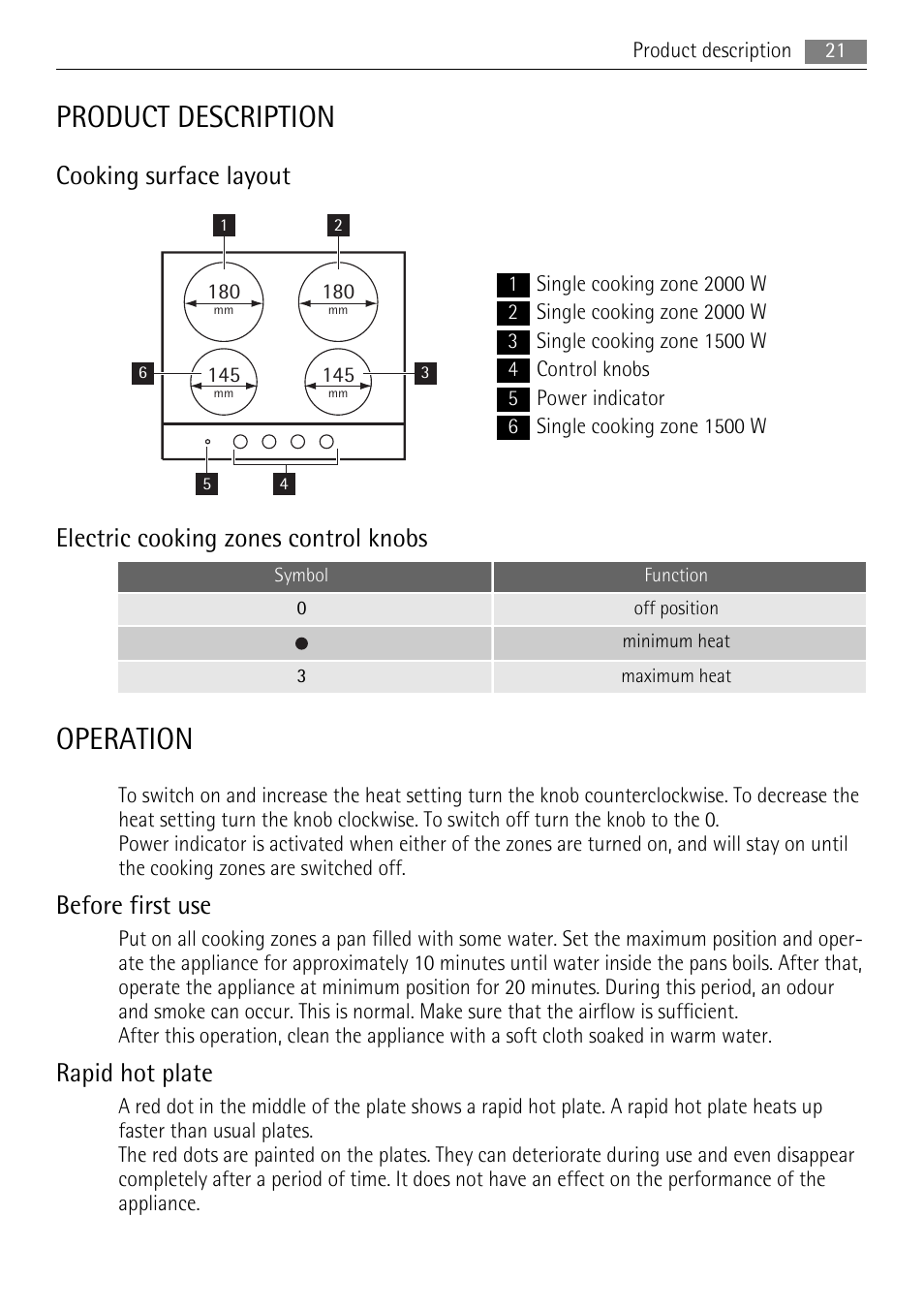 Product description, Operation, Cooking surface layout | Electric cooking zones control knobs, Before first use, Rapid hot plate | AEG HK312000H User Manual | Page 21 / 52