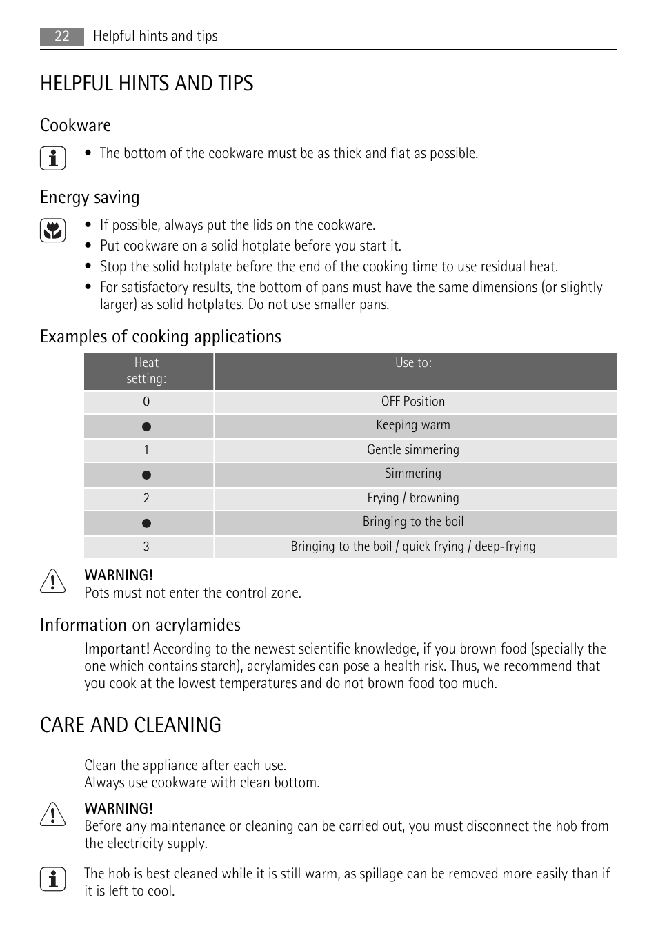 Helpful hints and tips, Care and cleaning, Cookware | Energy saving, Examples of cooking applications, Information on acrylamides | AEG HK312000H User Manual | Page 22 / 52