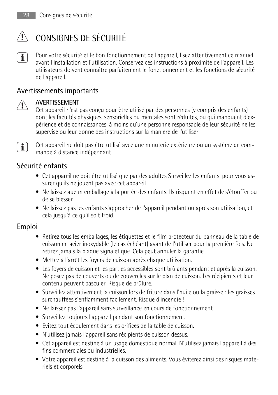 Consignes de sécurité, Avertissements importants, Sécurité enfants | Emploi | AEG HK312000H User Manual | Page 28 / 52