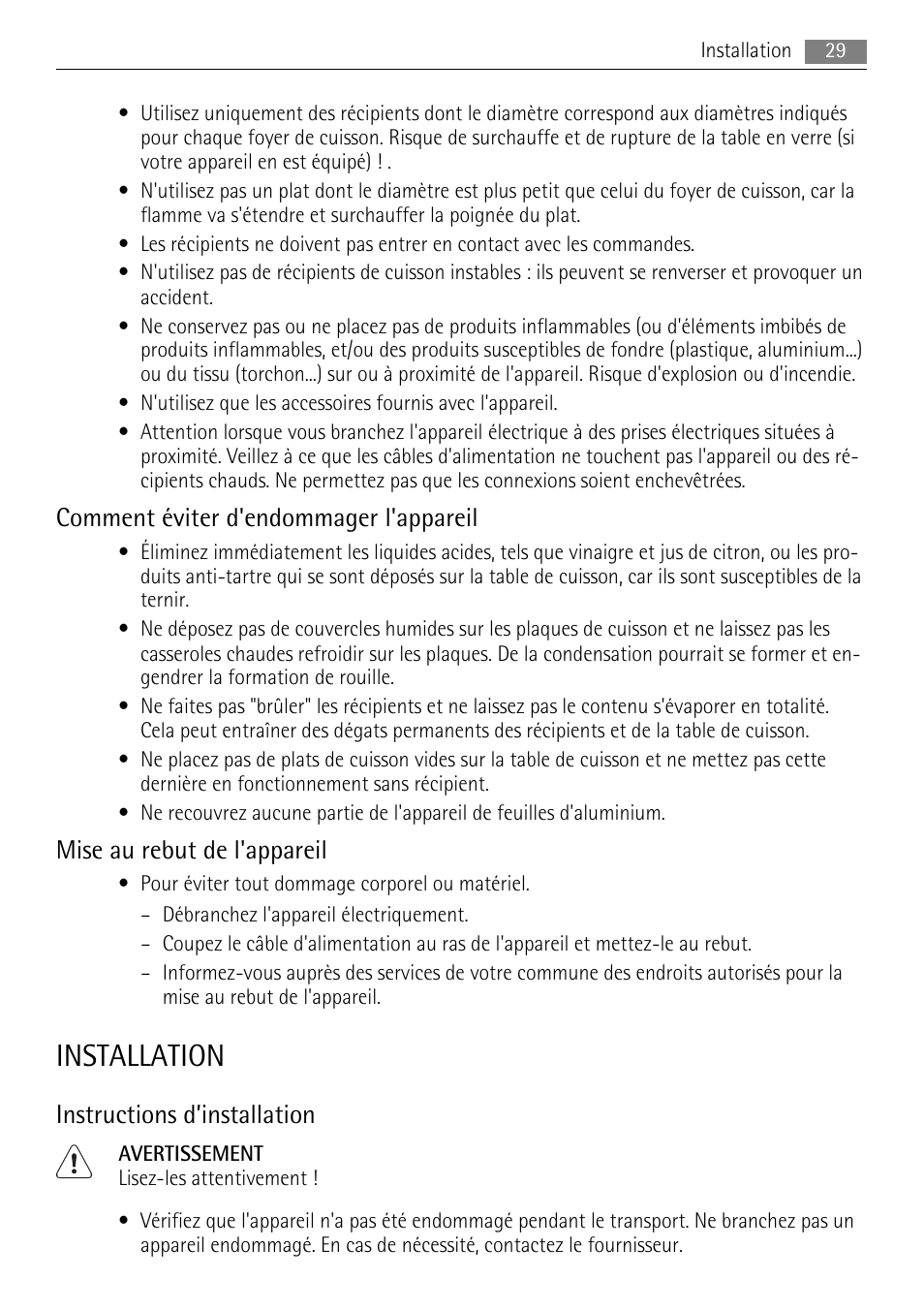 Installation, Comment éviter d'endommager l'appareil, Mise au rebut de l'appareil | Instructions d’installation | AEG HK312000H User Manual | Page 29 / 52