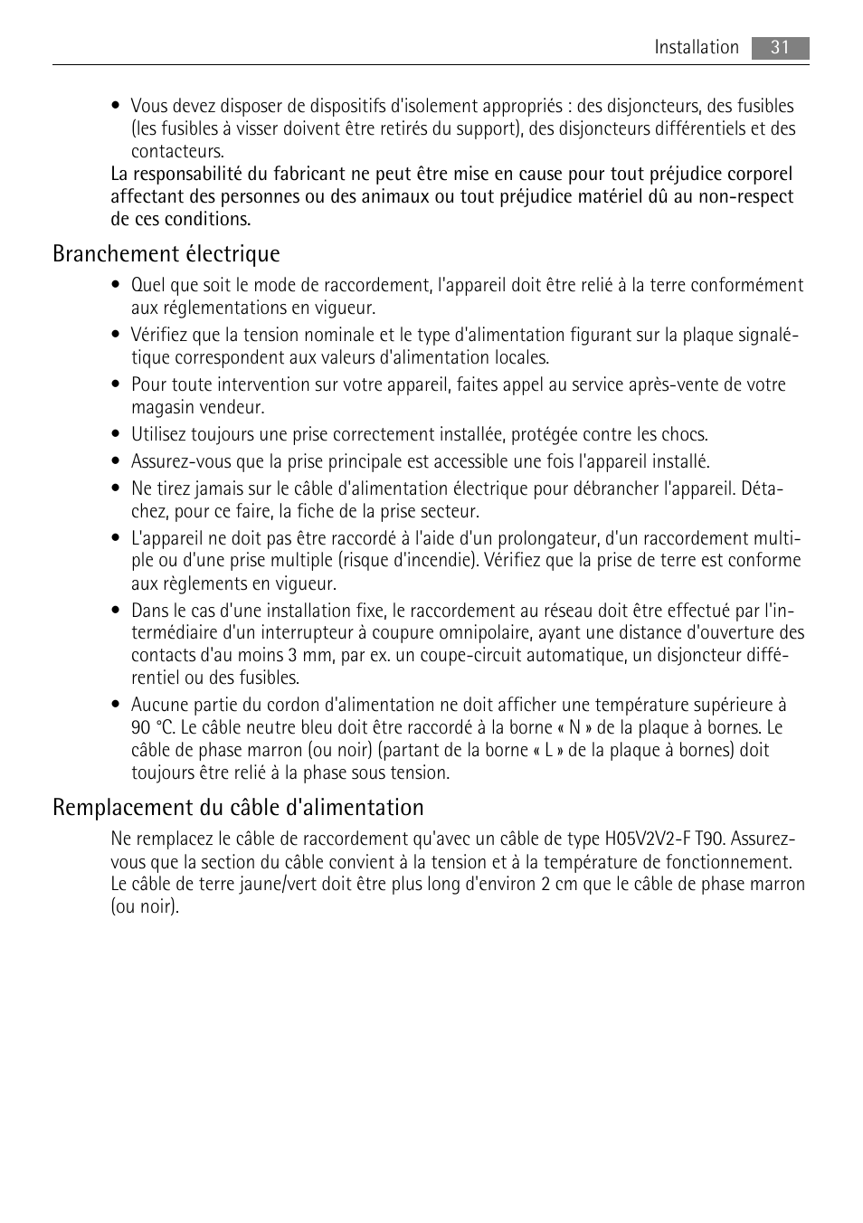 Branchement électrique, Remplacement du câble d'alimentation | AEG HK312000H User Manual | Page 31 / 52