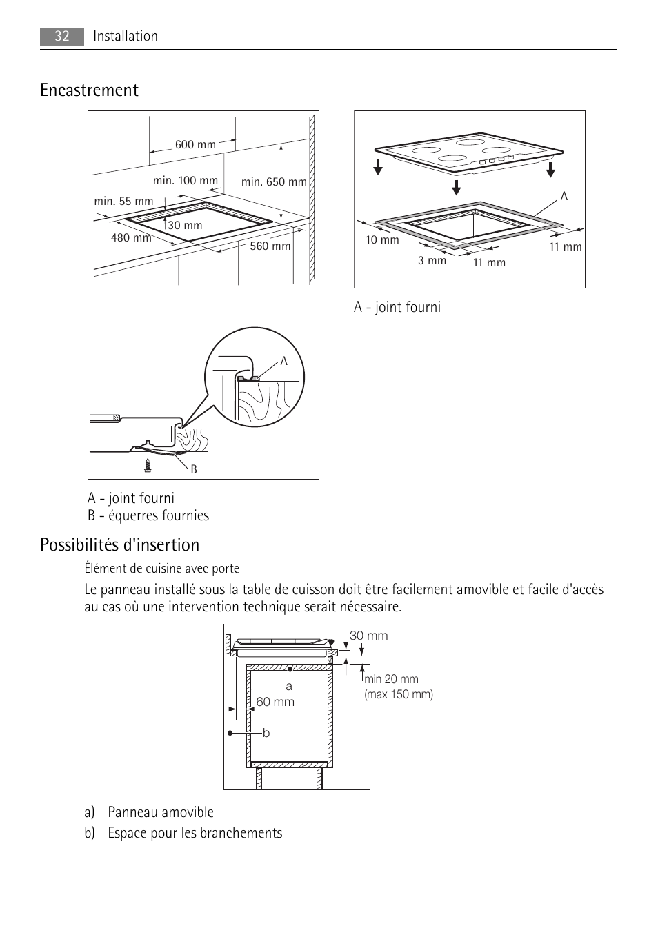 Encastrement, Possibilités d'insertion | AEG HK312000H User Manual | Page 32 / 52