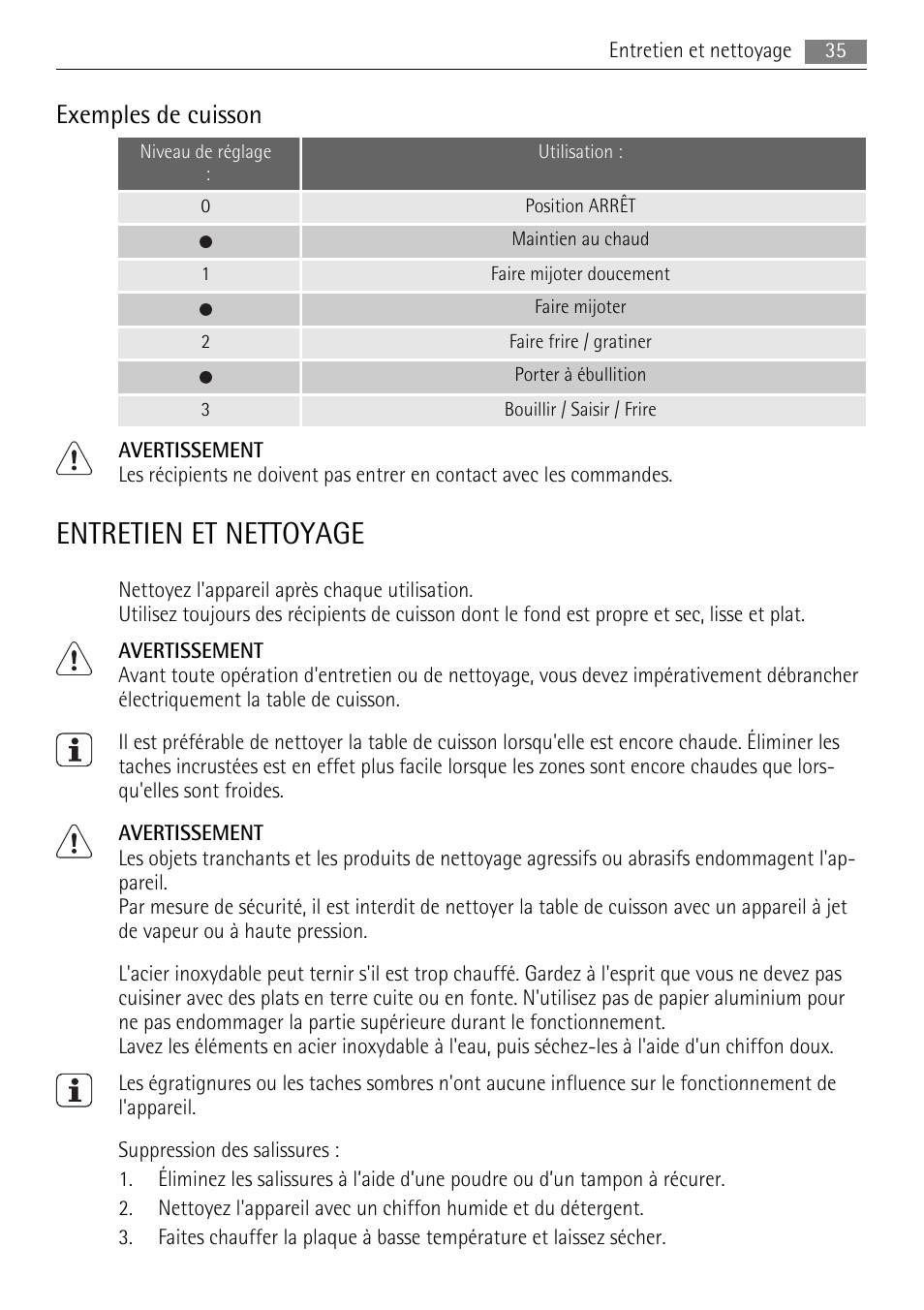 Entretien et nettoyage, Exemples de cuisson | AEG HK312000H User Manual | Page 35 / 52