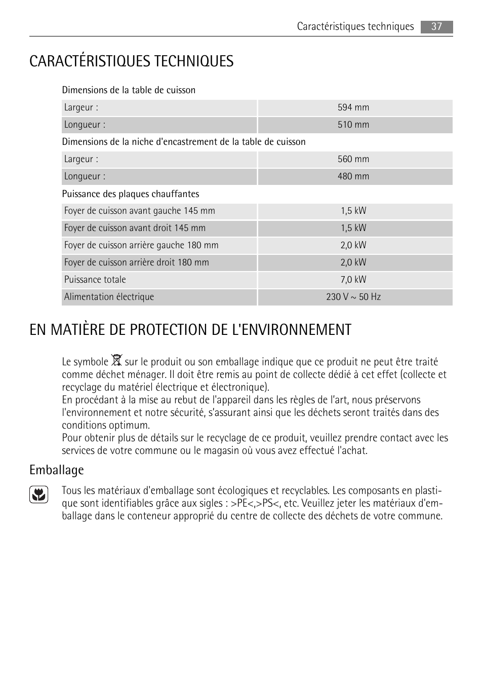 Caractéristiques techniques, En matière de protection de l'environnement, Emballage | AEG HK312000H User Manual | Page 37 / 52