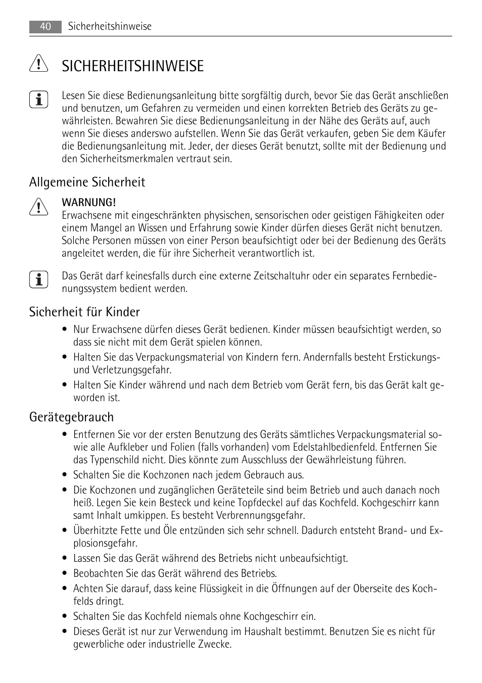 Sicherheitshinweise, Allgemeine sicherheit, Sicherheit für kinder | Gerätegebrauch | AEG HK312000H User Manual | Page 40 / 52