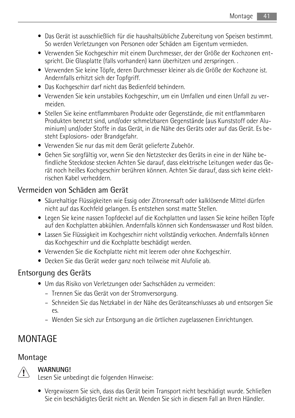 Montage, Vermeiden von schäden am gerät, Entsorgung des geräts | AEG HK312000H User Manual | Page 41 / 52
