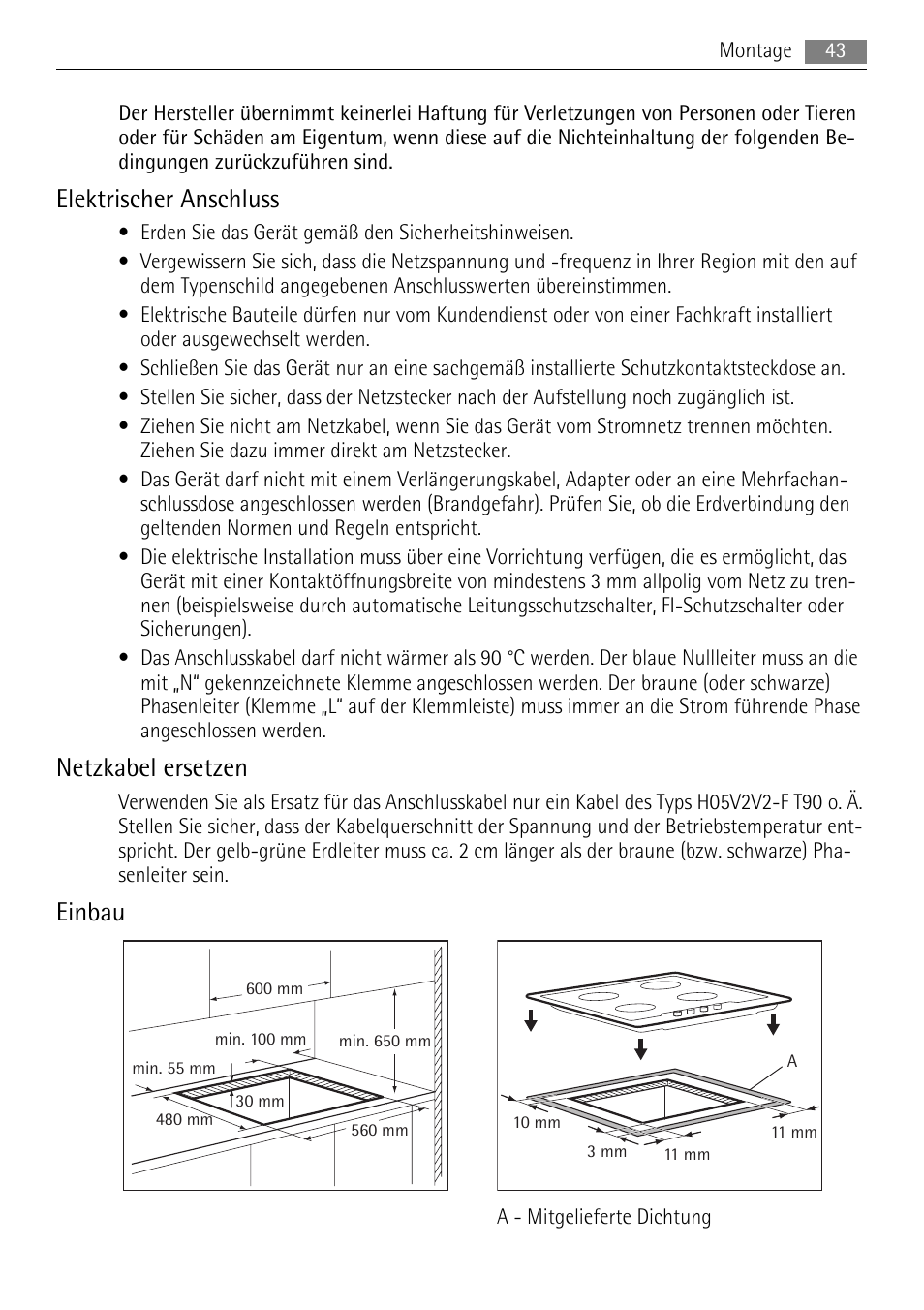 Elektrischer anschluss, Netzkabel ersetzen, Einbau | AEG HK312000H User Manual | Page 43 / 52