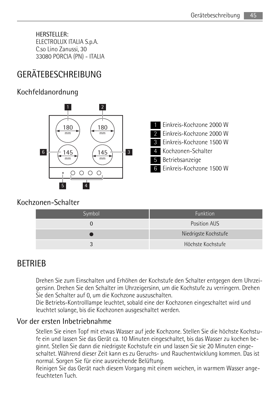 Gerätebeschreibung, Betrieb, Kochfeldanordnung | Kochzonen-schalter, Vor der ersten inbetriebnahme | AEG HK312000H User Manual | Page 45 / 52