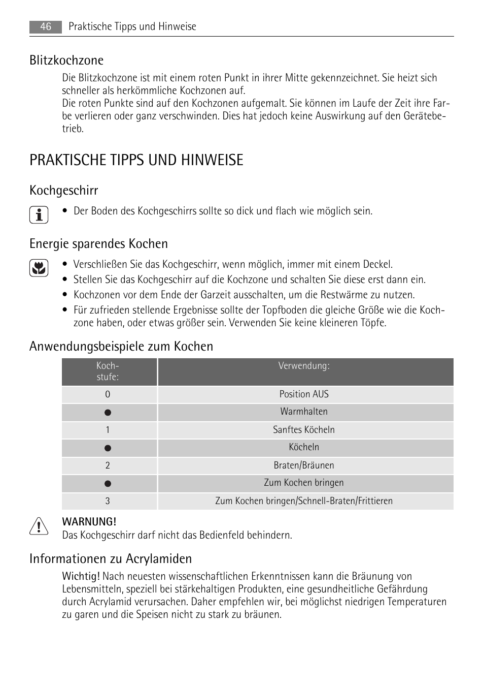 Praktische tipps und hinweise, Blitzkochzone, Kochgeschirr | Energie sparendes kochen, Anwendungsbeispiele zum kochen, Informationen zu acrylamiden | AEG HK312000H User Manual | Page 46 / 52
