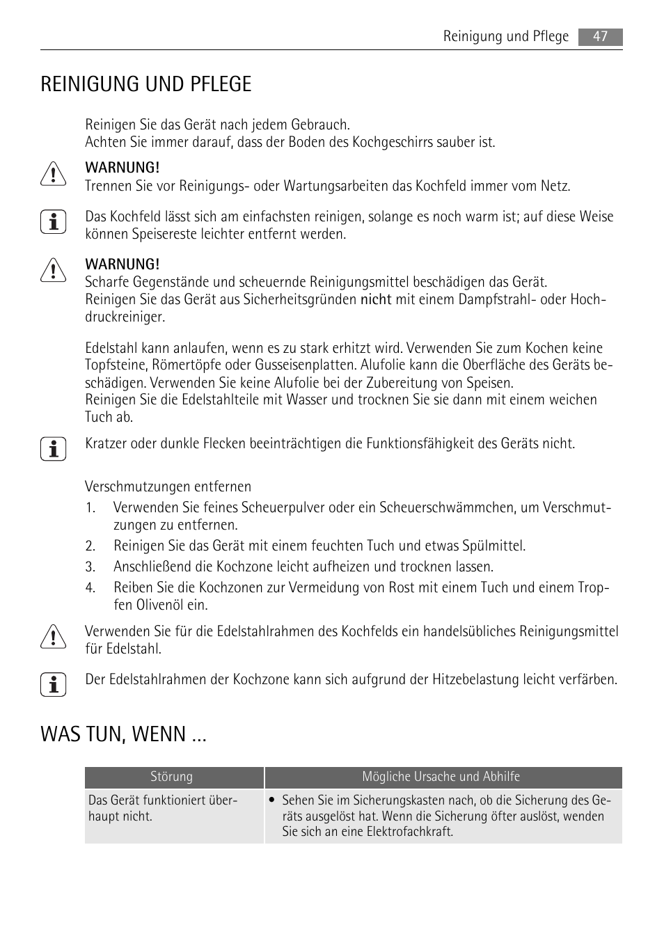 Reinigung und pflege, Was tun, wenn | AEG HK312000H User Manual | Page 47 / 52
