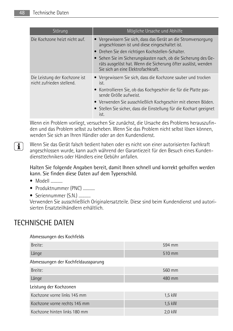 Technische daten | AEG HK312000H User Manual | Page 48 / 52
