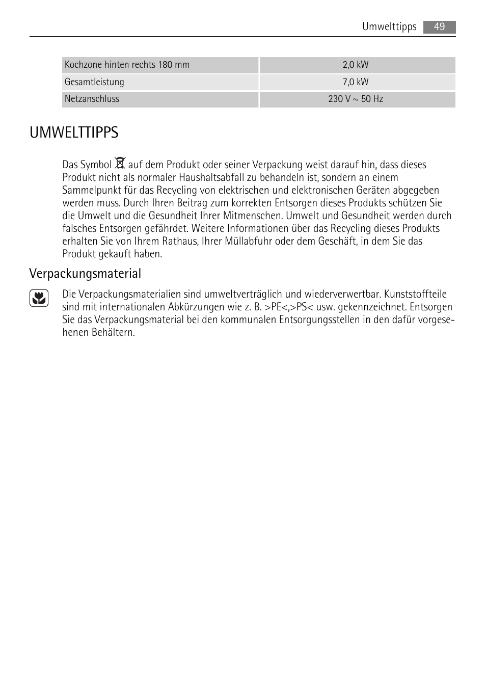 Umwelttipps, Verpackungsmaterial | AEG HK312000H User Manual | Page 49 / 52