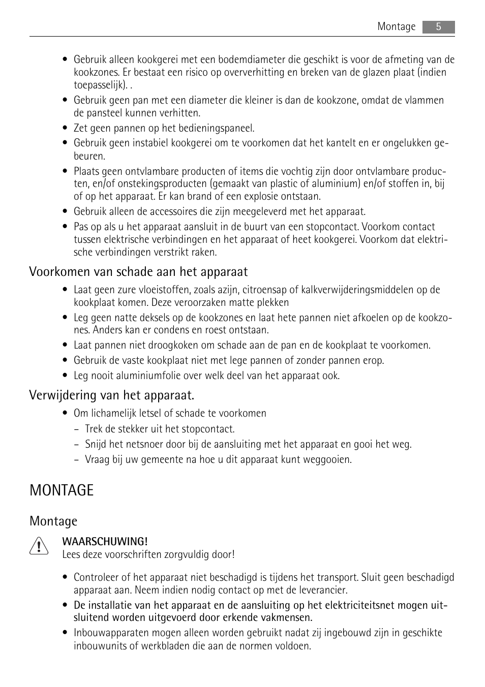 Montage, Voorkomen van schade aan het apparaat, Verwijdering van het apparaat | AEG HK312000H User Manual | Page 5 / 52
