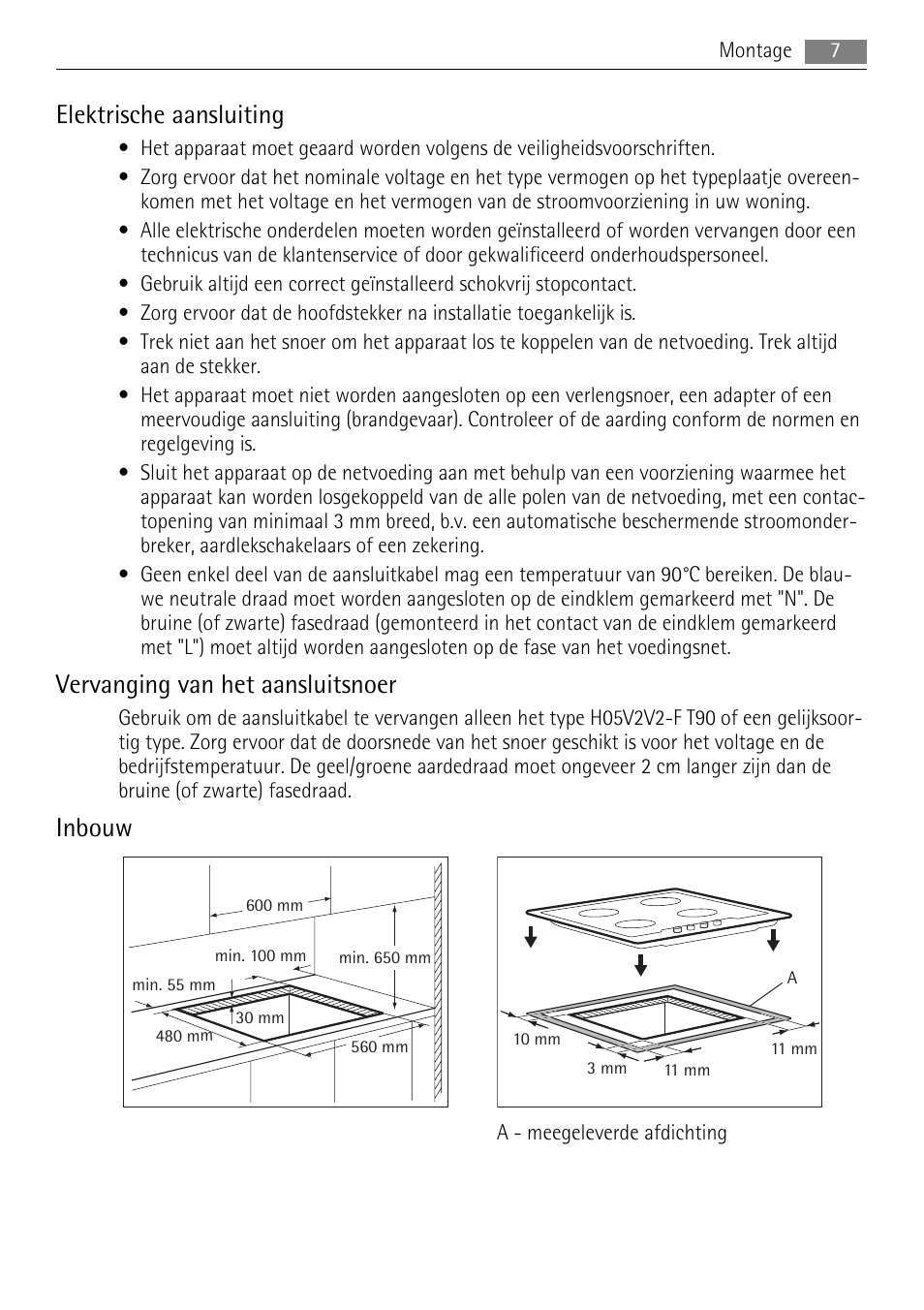 Elektrische aansluiting, Vervanging van het aansluitsnoer, Inbouw | AEG HK312000H User Manual | Page 7 / 52