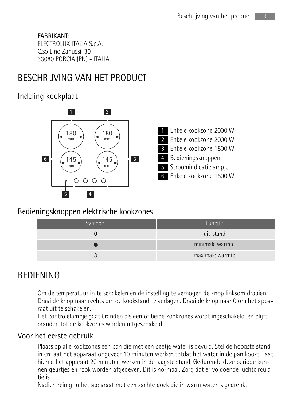 Beschrijving van het product, Bediening, Indeling kookplaat | Bedieningsknoppen elektrische kookzones, Voor het eerste gebruik | AEG HK312000H User Manual | Page 9 / 52