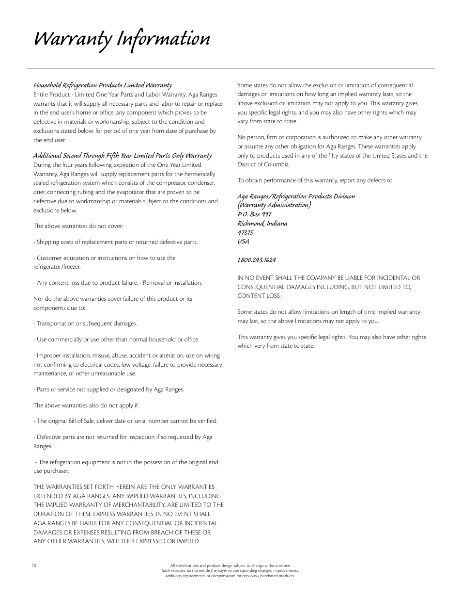 Warranty information | Aga Ranges 61ARA 115V User Manual | Page 10 / 12