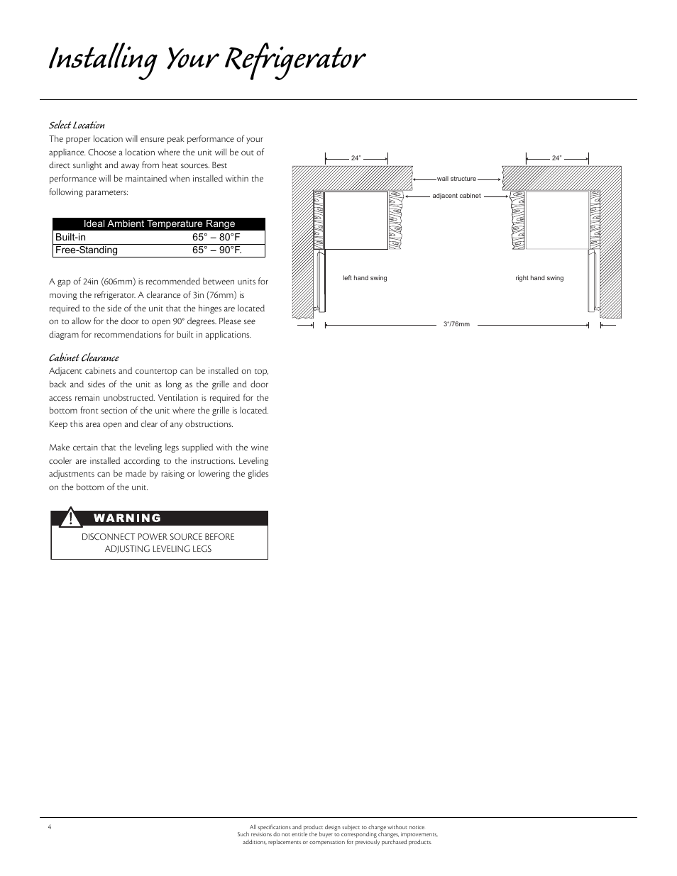 Installing your refrigerator, Select location, Cabinet clearance | Aga Ranges 61ARA 115V User Manual | Page 4 / 12