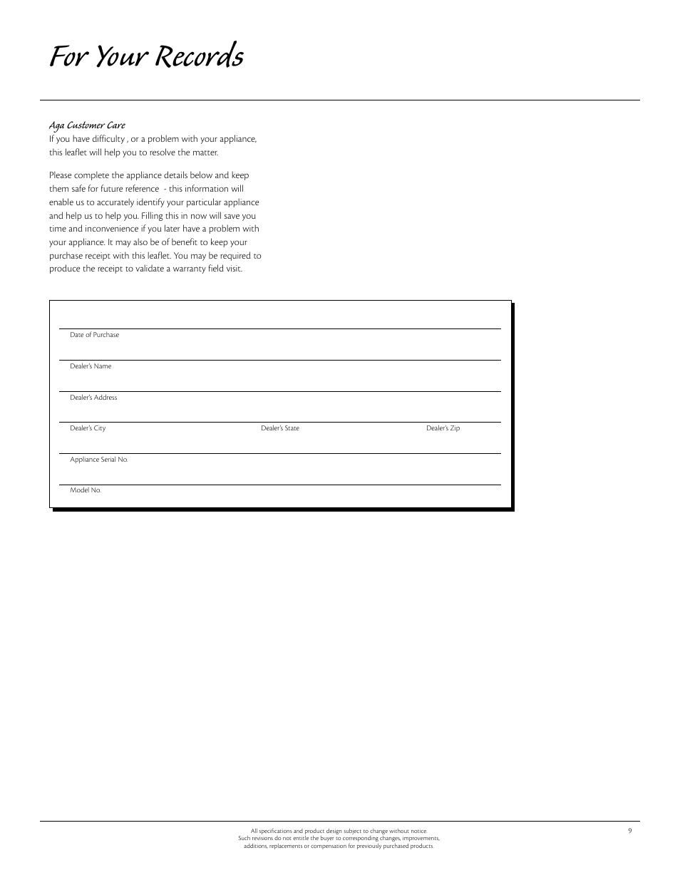 For your records, Aga customer care | Aga Ranges 61ARA 115V User Manual | Page 9 / 12