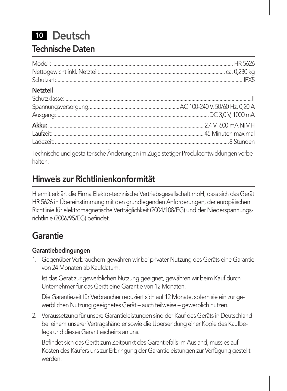 Deutsch, Technische daten, Hinweis zur richtlinienkonformität | Garantie | AEG HR 5626 User Manual | Page 10 / 86