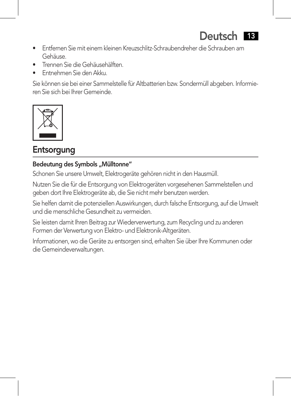 Deutsch, Entsorgung | AEG HR 5626 User Manual | Page 13 / 86