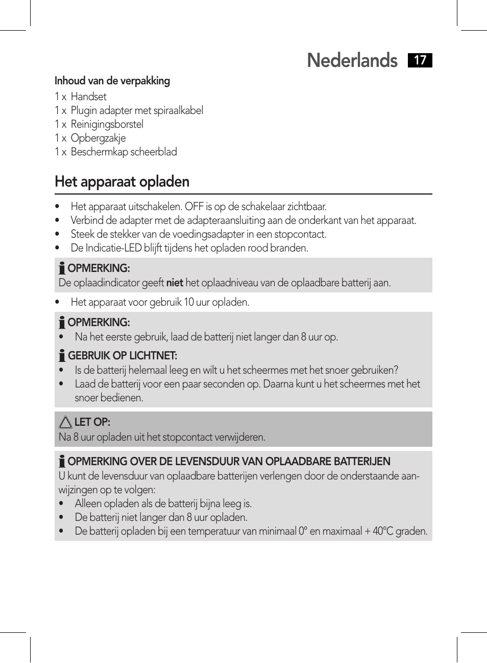 Nederlands, Het apparaat opladen | AEG HR 5626 User Manual | Page 17 / 86