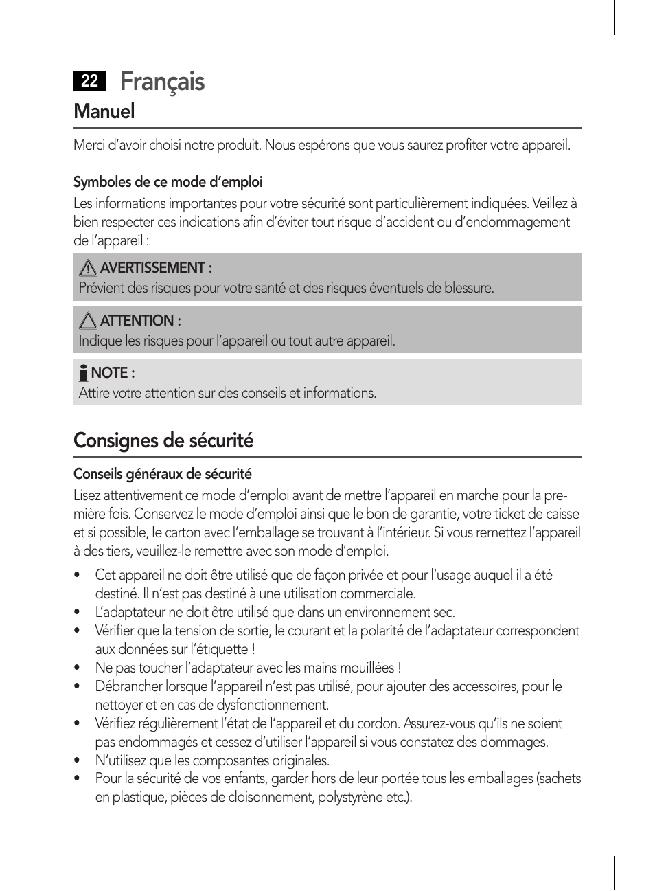 Français, Manuel, Consignes de sécurité | AEG HR 5626 User Manual | Page 22 / 86