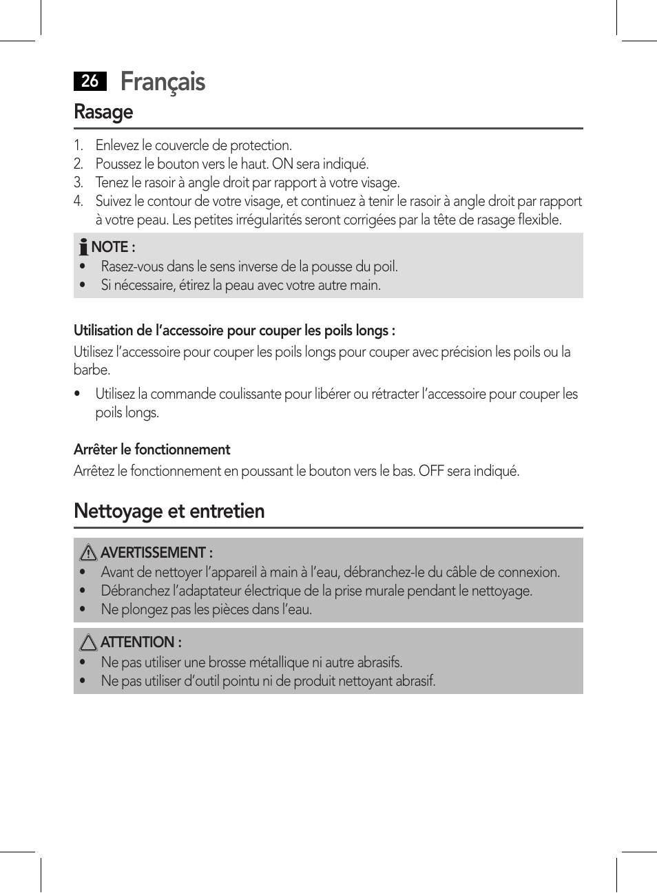 Français, Rasage, Nettoyage et entretien | AEG HR 5626 User Manual | Page 26 / 86