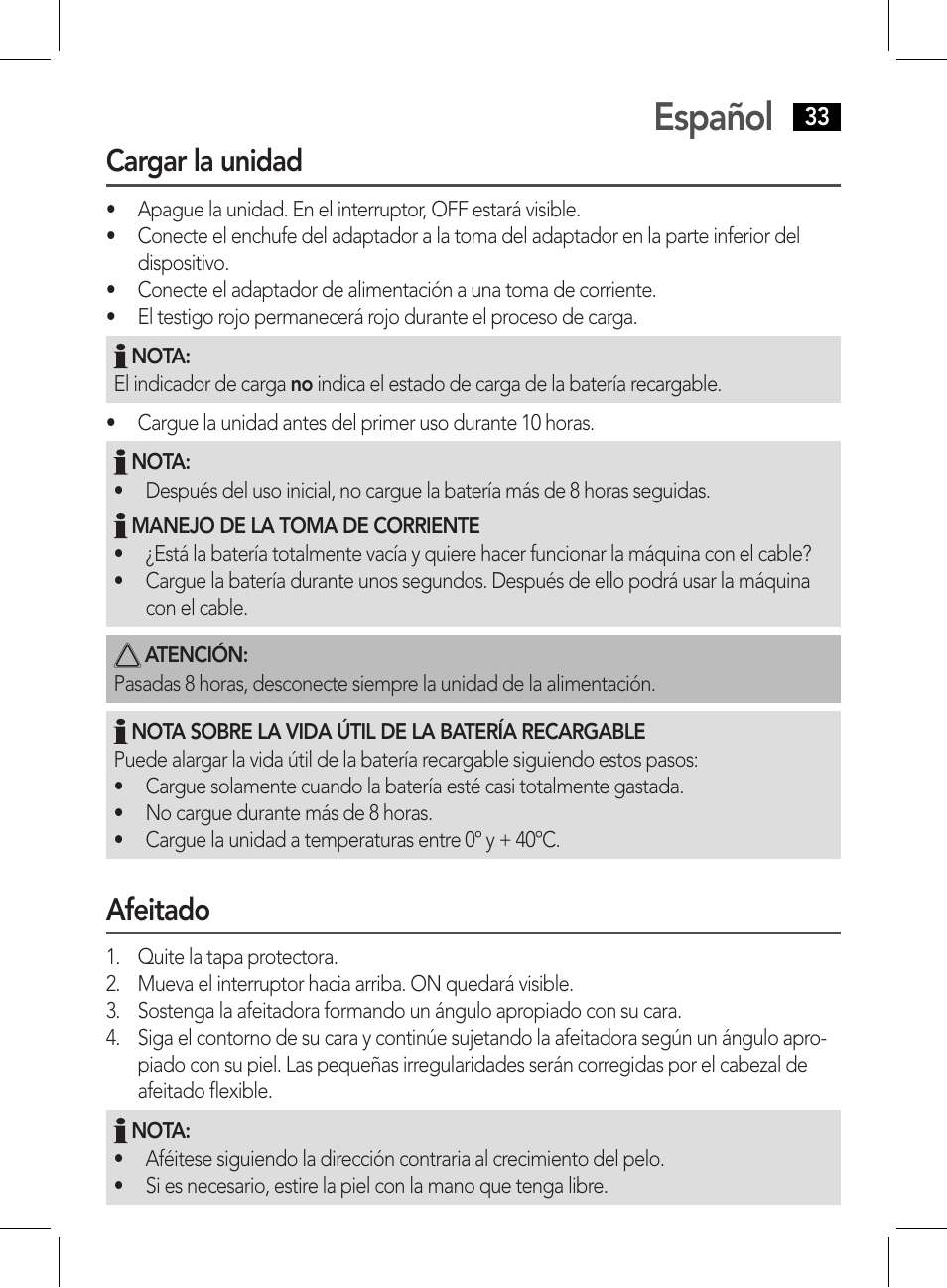 Español, Cargar la unidad, Afeitado | AEG HR 5626 User Manual | Page 33 / 86