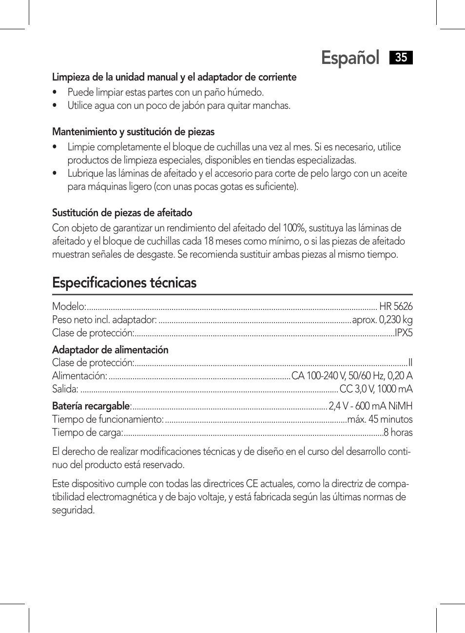 Español, Especificaciones técnicas | AEG HR 5626 User Manual | Page 35 / 86