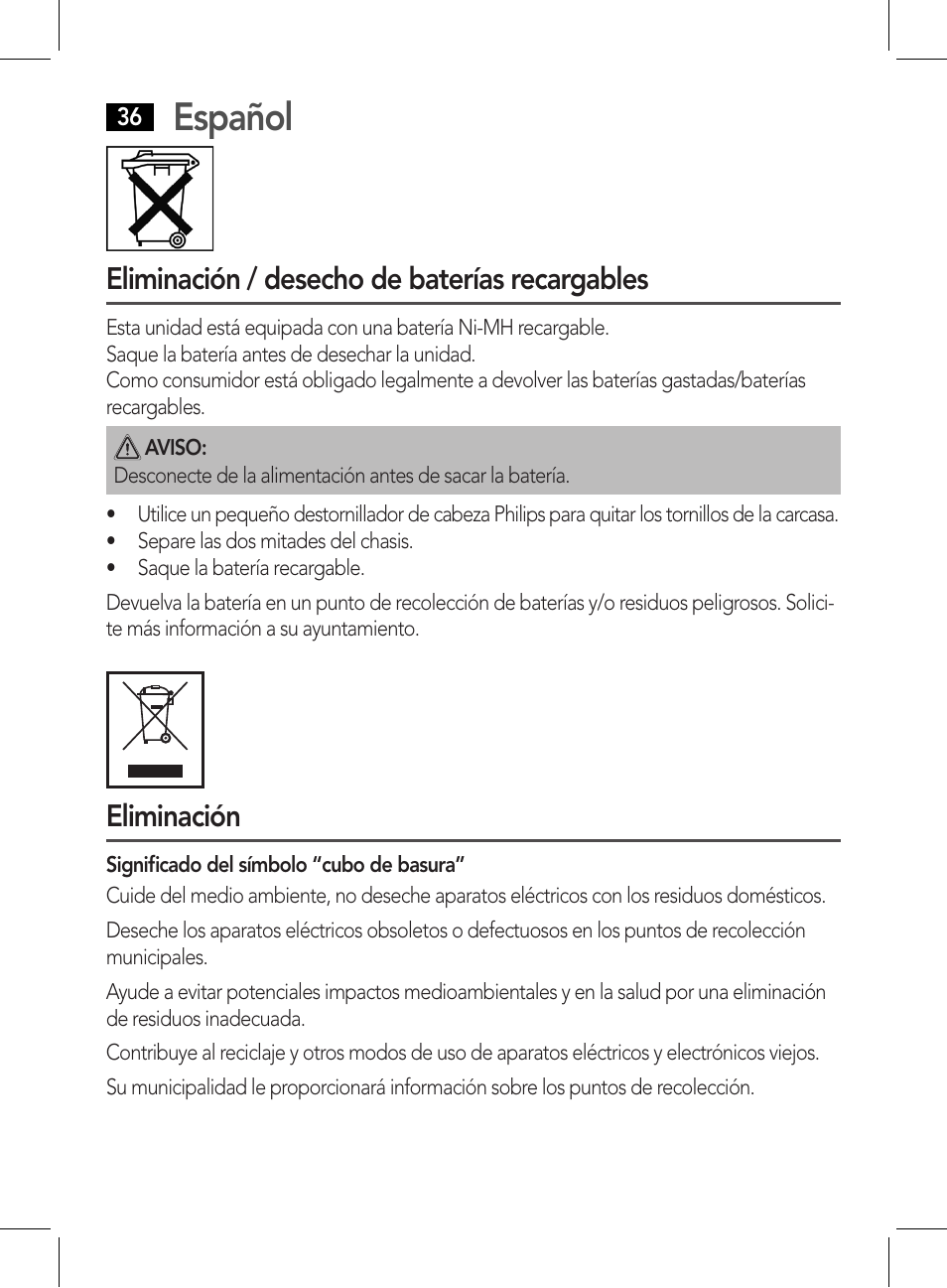 Español, Eliminación / desecho de baterías recargables, Eliminación | AEG HR 5626 User Manual | Page 36 / 86