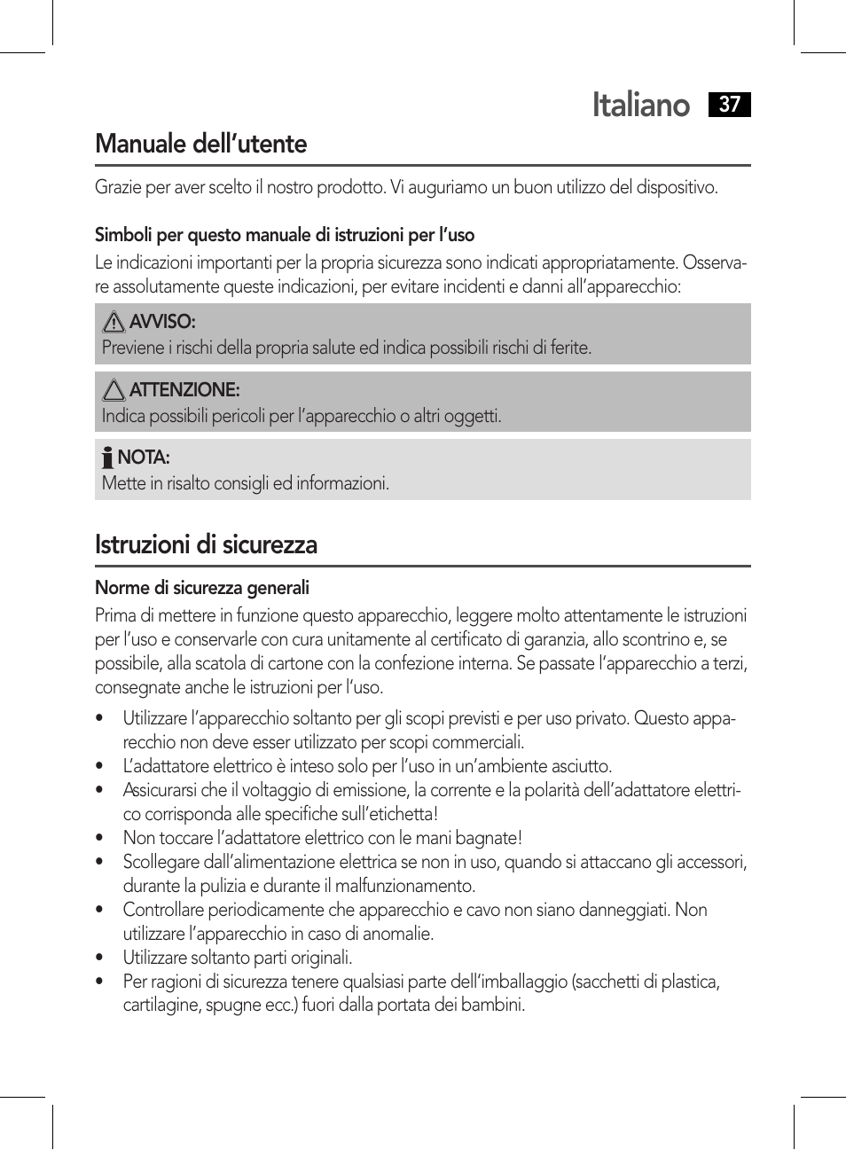 Italiano, Manuale dell’utente, Istruzioni di sicurezza | AEG HR 5626 User Manual | Page 37 / 86