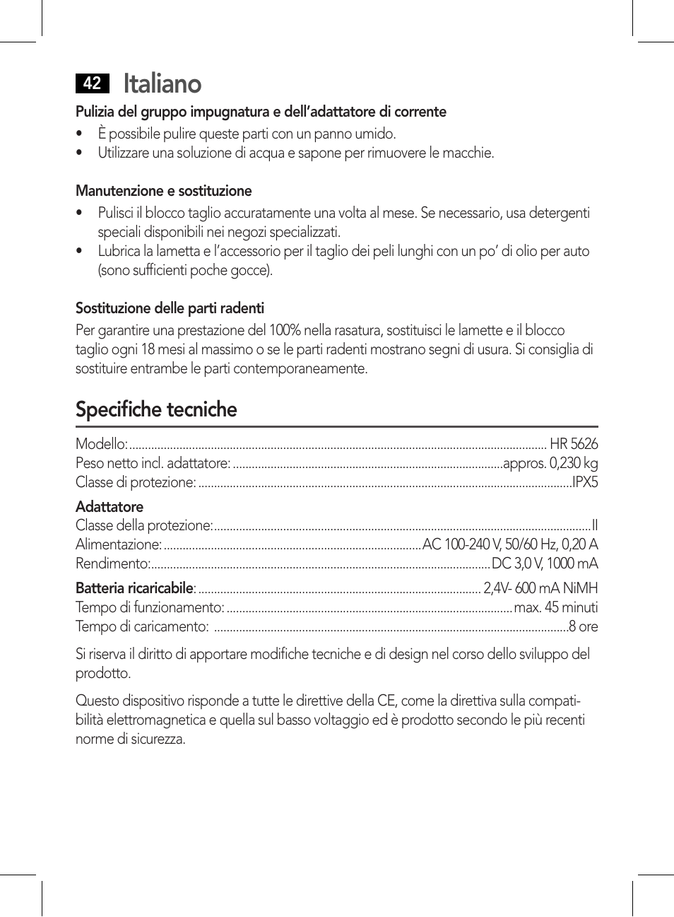 Italiano, Specifiche tecniche | AEG HR 5626 User Manual | Page 42 / 86