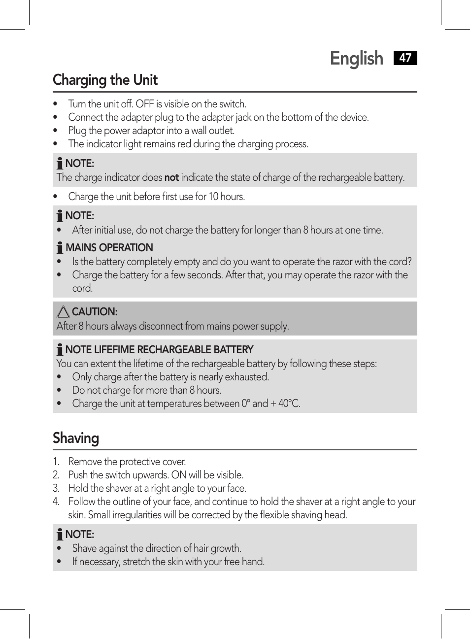 English, Charging the unit, Shaving | AEG HR 5626 User Manual | Page 47 / 86