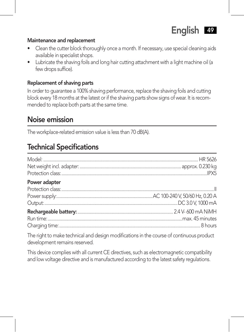 English, Noise emission, Technical specifications | AEG HR 5626 User Manual | Page 49 / 86