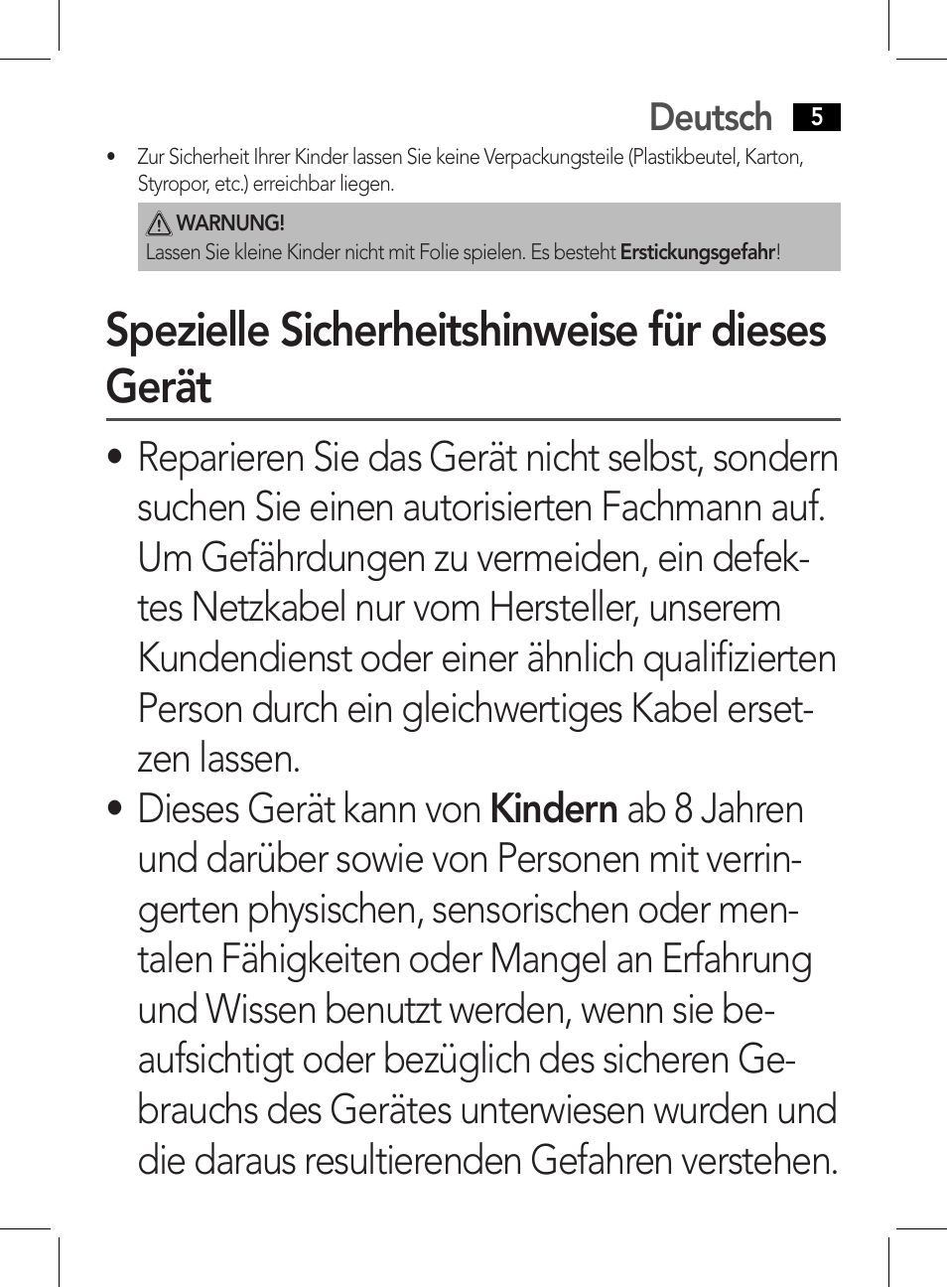 Spezielle sicherheitshinweise für dieses gerät, Deutsch | AEG HR 5626 User Manual | Page 5 / 86