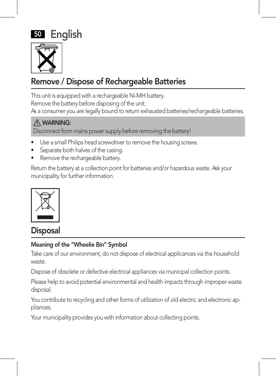 English, Remove / dispose of rechargeable batteries, Disposal | AEG HR 5626 User Manual | Page 50 / 86