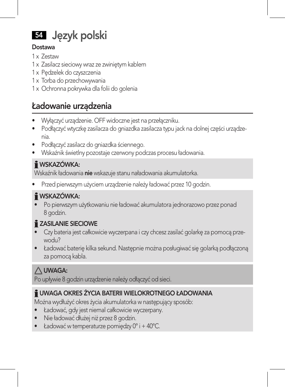 Język polski, Ładowanie urządzenia | AEG HR 5626 User Manual | Page 54 / 86