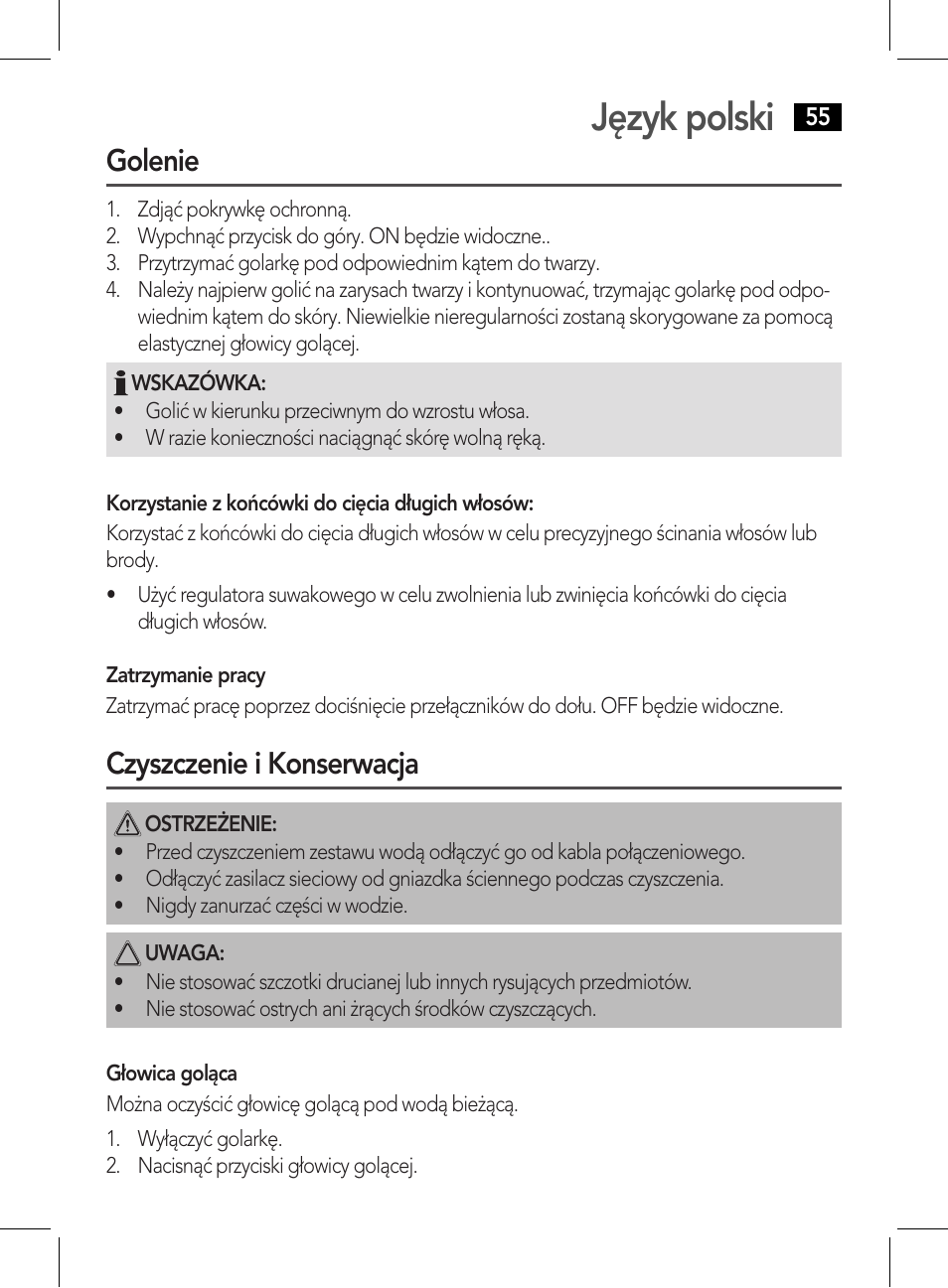 Język polski, Golenie, Czyszczenie i konserwacja | AEG HR 5626 User Manual | Page 55 / 86