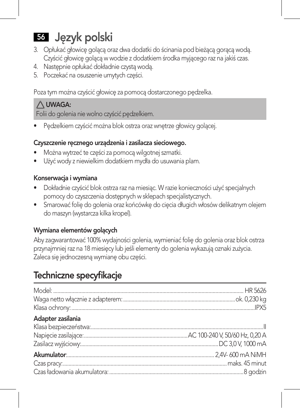 Język polski, Techniczne specyfikacje | AEG HR 5626 User Manual | Page 56 / 86