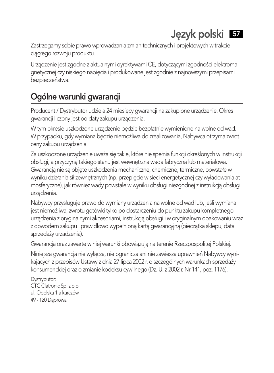 Język polski, Ogólne warunki gwarancji | AEG HR 5626 User Manual | Page 57 / 86